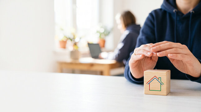 Asynchronous communication work from home with secure hands and house symbol in bright interior