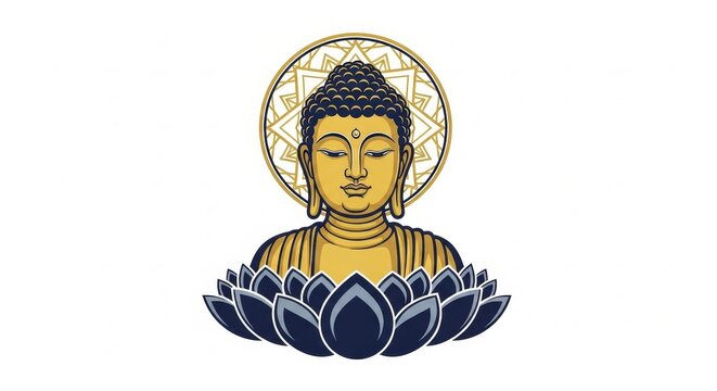 Buddhism - Golden Buddha Face Illustration with Lotus Flower and Mandala Halo on White Background