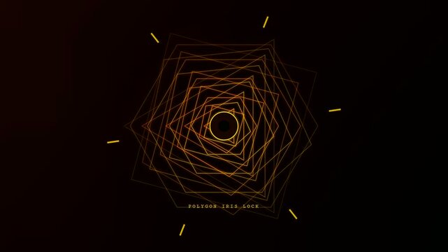 A futuristic iris scan verification system displays complex spinning golden polygons on a dark screen to simulate a secure biometric authentication process.