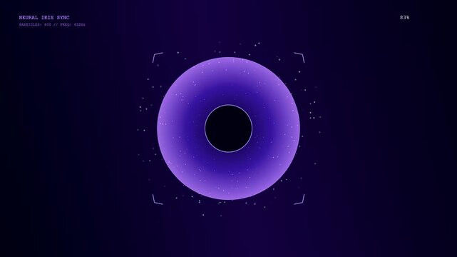 As the futuristic software processes data, an iris scan verification sequence displays a glowing purple ring with rotating particles and increasing progress percentages.