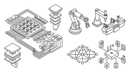 Futuristic technology and industrial automation isometric icon set, microchip factory robotic arm IoT router, for digital engineering graphics, wireframe line style , stock vector © Setia Fitra