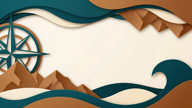 Compass and layered mountains evoke a sense of adventure in this stylized papercut background that features soft earth tones and fluid ocean waves for a travel-themed aesthetic.