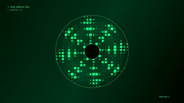 A high tech iris scan verification system displays simulated biometric data scanning progress with glowing green pixels revolving around a dark center circle.