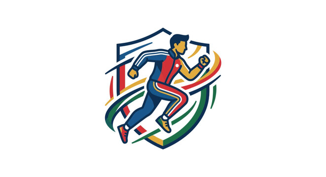 Dynamic runner athlete logo inside protective shield.