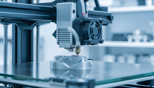 3D printer head printing plastic object in modern laboratory