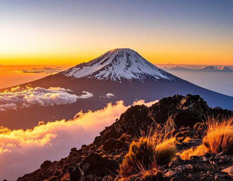 Majestic snow-capped volcano illuminated by a vibrant sunrise over a sea of clouds.
