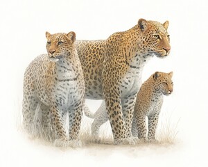 Obraz premium Leopard Family Watercolor Wildlife Illustration Isolated on White Background