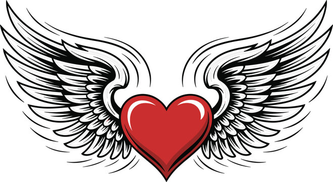 Red heart with wings vector illustration tattoo style for love romance valentines day freedom symbolic passion emblem design