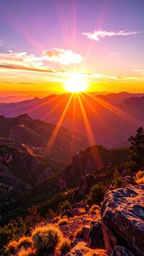 Dramatic sunrise casting golden rays over rugged mountain peaks.