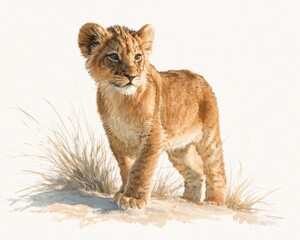 Fototapeta premium Lion Cub Watercolor Wildlife Illustration Isolated on White Background