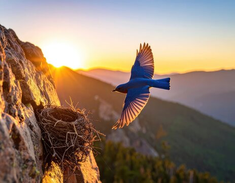 A vibrant bluebird flies past its nest on a rocky cliff during a golden sunrise.