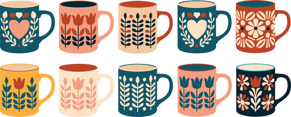 Scandinavian style ceramic coffee mug set featuring folk art floral patterns botanical leaves and hearts kitchenware vector illustrations © MD