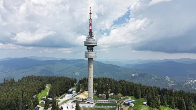 Aerial drone view of Snezhanka TV Tower