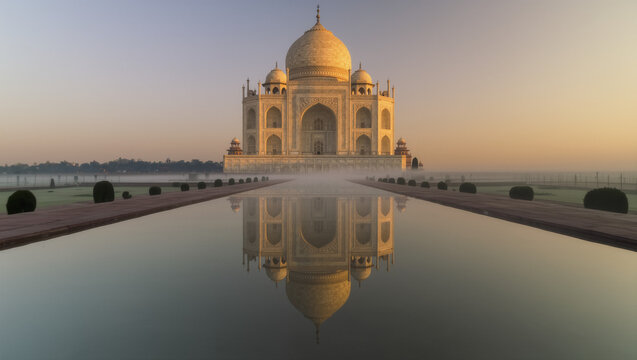 Hyperrealistic famous world landmark at golden hour with warm amber sunset light dramatic shadows stunning architecture and cinematic wide angle composition in ultra realistic travel photography style