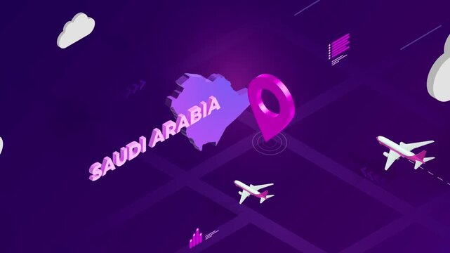 Isometric Design, Saudi Arabia Map Silhouette Location Pin and Airplanes on Purple Animation, Travel Background