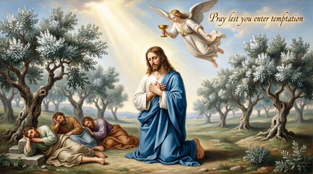 Jesus Christ weeps in sorrow inside Gethsemane garden praying to God before His arrest tonight.