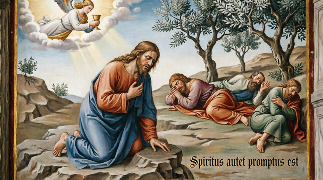 Jesus Christ weeps in sorrow inside Gethsemane garden praying to God before His arrest tonight.