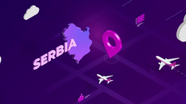 Isometric Design, Serbia Map Silhouette Location Pin and Airplanes on Purple Animation, Travel Background