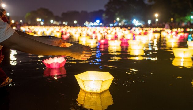 Hands releasing floating lanterns on water at night, creating a beautiful light display