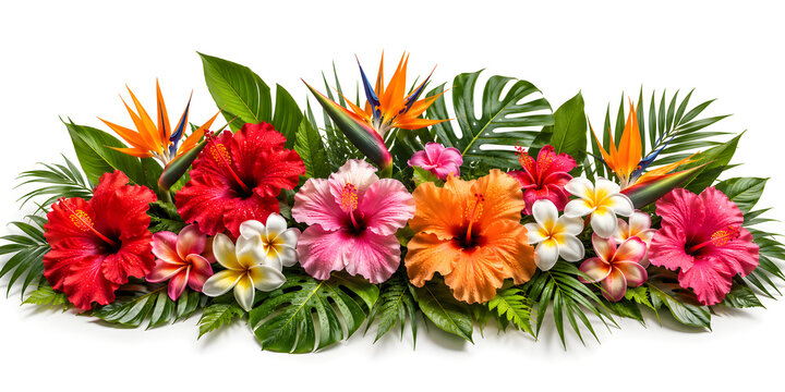 Tropical floral border with hibiscus and bird of paradise, exotic flower arrangement, summer jungle foliage on white