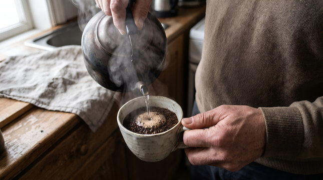Anonymous hands preparing authentic Indonesian kopi tubruk. Perfect for coffee education, hospitality, publishing, and caf&eacute; marketing.