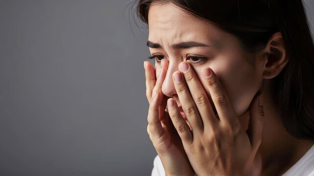 Distress and Grief: A young woman, her face etched with sorrow and distress, clutches her hands to her eyes, overcome by intense grief and emotional pain.