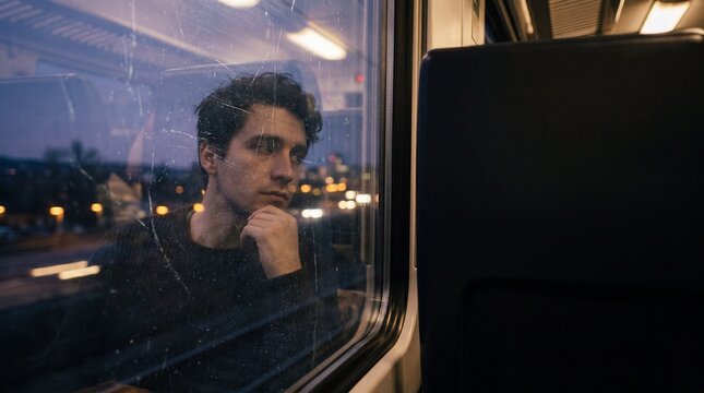 Thoughtful man gazing through rainy train window at city lights