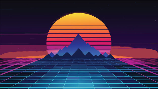 Synthwave sunset over mountain range with digital grid floor synthwave mountain landscape retrowave vaporwave cyberpunk eighties abstract technology background perspective creative