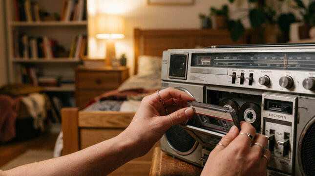 Close up of hands inserting a vintage cassette tape into a classic silver boombox radio player in a cozy warm lit bedroom creating a nostalgic retro analog music atmosphere.