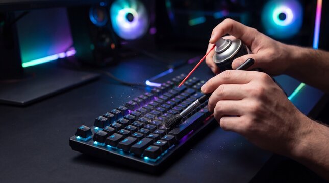 Gamer holding gaming mouse at illuminated keyboard setup