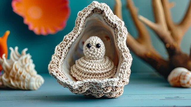Crocheted Octopus in Oyster Shell: A charming handmade octopus crafted from soft yarn sits nestled inside a large oyster shell, surrounded by colorful seashells and ocean-themed decor.