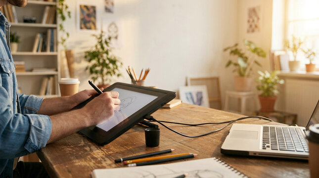 Professional graphic designer illustrator working on digital drawing tablet with stylus pen connected to laptop computer in cozy sunlit home office studio filled with green house plants.
