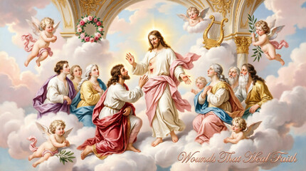 Fototapeta premium Risen Jesus Christ appears to doubting Thomas and disciples showing His wounded hands and side.