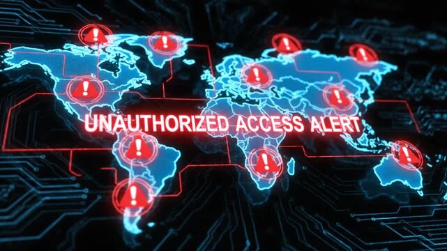 Digital world map displays unauthorized access alerts across multiple global locations with network connections.