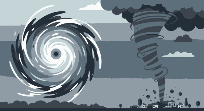 Severe weather icons set showing a massive hurricane and a powerful tornado destroying a town in flat vector illustration