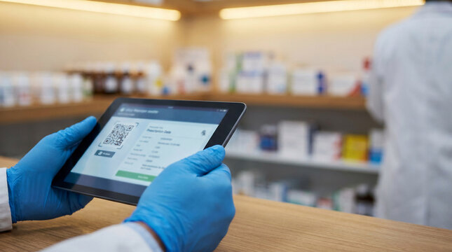 Pharmacist wearing blue protective gloves holding a digital tablet to check medicine inventory and manage prescriptions on the screen in a modern pharmacy store background display.