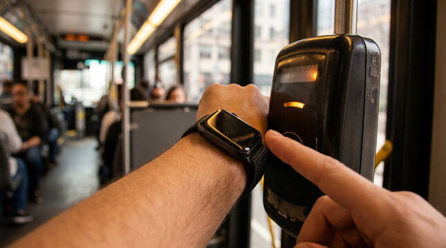 Person using a smartwatch for contactless payment on public transit bus or tram tapping the smart watch on a digital ticket reader machine during daily urban commute in the city streets.