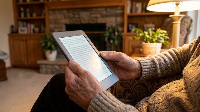 Senior person holding and reading an electronic book reader device while sitting in a cozy living room with warm lamp light and rustic wooden shelves in the background of the house.
