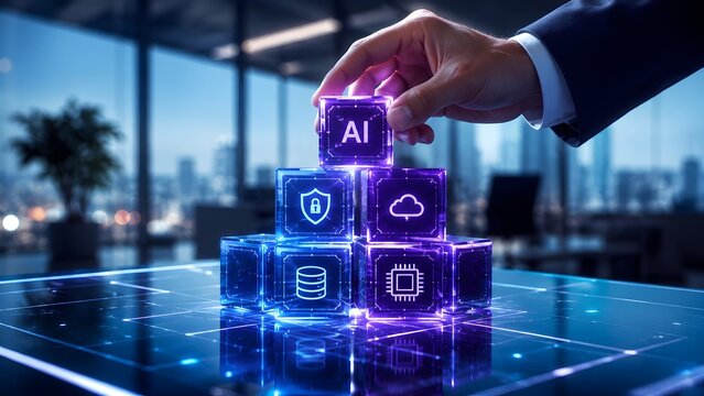 Businessman placing "AI" cube, building a futuristic digital technology stack with data, cloud, security, and processing in a modern office.