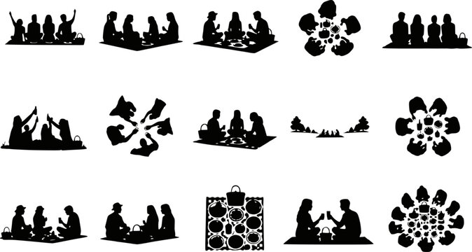 Group picnic silhouette set with friends and family sitting on blanket clip art