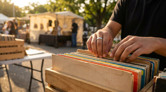 Close up of hands browsing through vintage vinyl records in a wooden crate at an outdoor flea market during a sunny day with blurred background of market stalls and local shoppers.