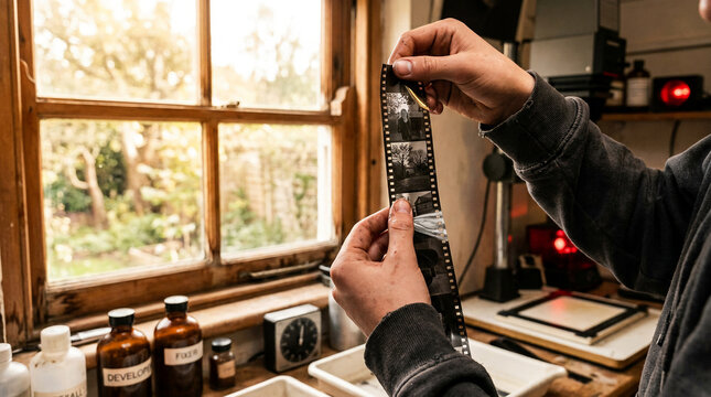 Photographer holding up a developed black and white film strip to inspect the negatives in a rustic home darkroom workshop next to a window with chemical bottles and processing trays.