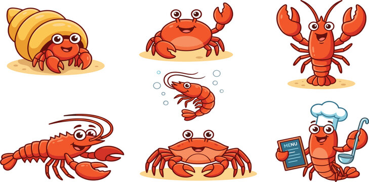 Cartoon seafood vector set with cute crab lobster shrimp hermit crab and lobster chef holding menu and soup ladle