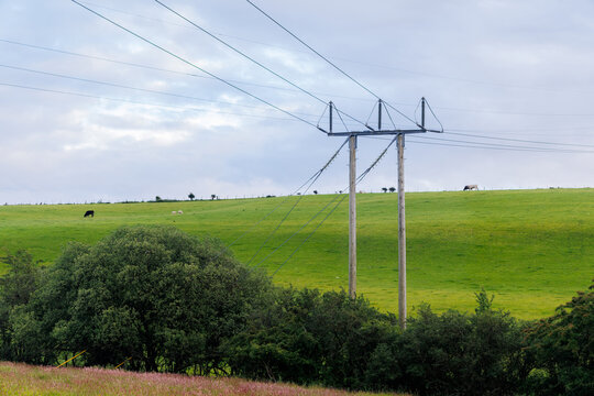 Twin wooden H-pole electricity structure carrying power lines over farmland