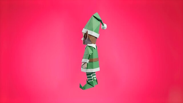 Cute low poly paper origami Christmas elf figure isolated on a vibrant pinkish red background. Festive holiday concept element for New Year advertising, greeting cards, social media posts, and design 
