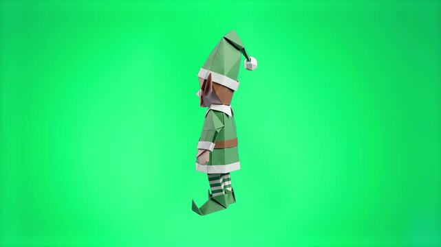 3D rendered low poly paper origami Christmas elf helper isolated on a green screen background. Ideal element for holiday video compositing, VFX keying, animations, and festive greeting cards.