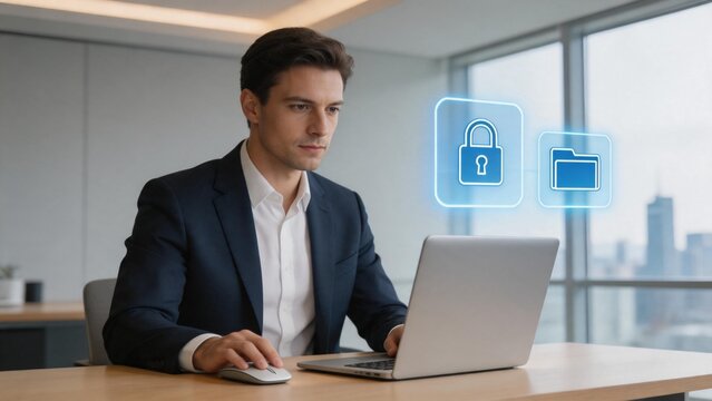 Businessman working on laptop with security icons