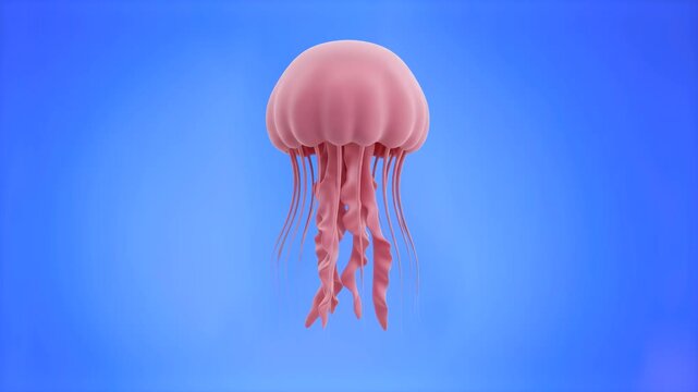 A detailed 3D render of a translucent pink jellyfish with trailing tentacles floating gracefully, set against a smooth blue ocean backdrop. Ideal for marine biology videos, aquarium promotions, underw