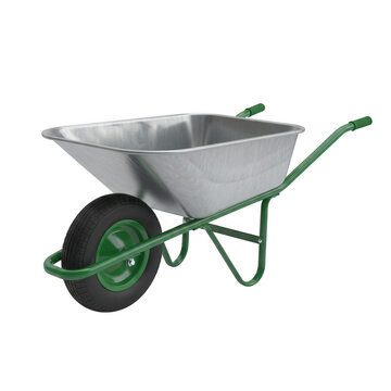 Metal garden wheelbarrow with green frame isolated on white background isolated on transparent background