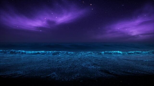 Luminous ocean background night sky star purple cloud water wave shoreline glow fantasy surreal dream calm horizon space mystical landscape seascape coastline reflection dark peaceful wonder
